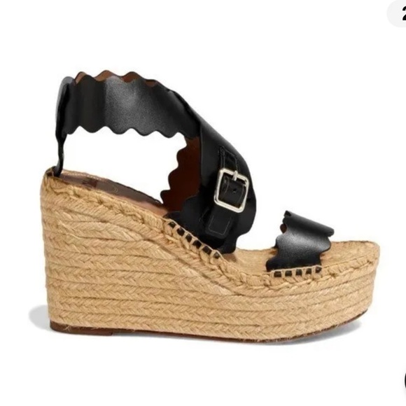 Chloe Black Leather Scalloped Platform Espadrilles Wedge Sandals Womens Sz 7 EUC - Picture 3 of 4